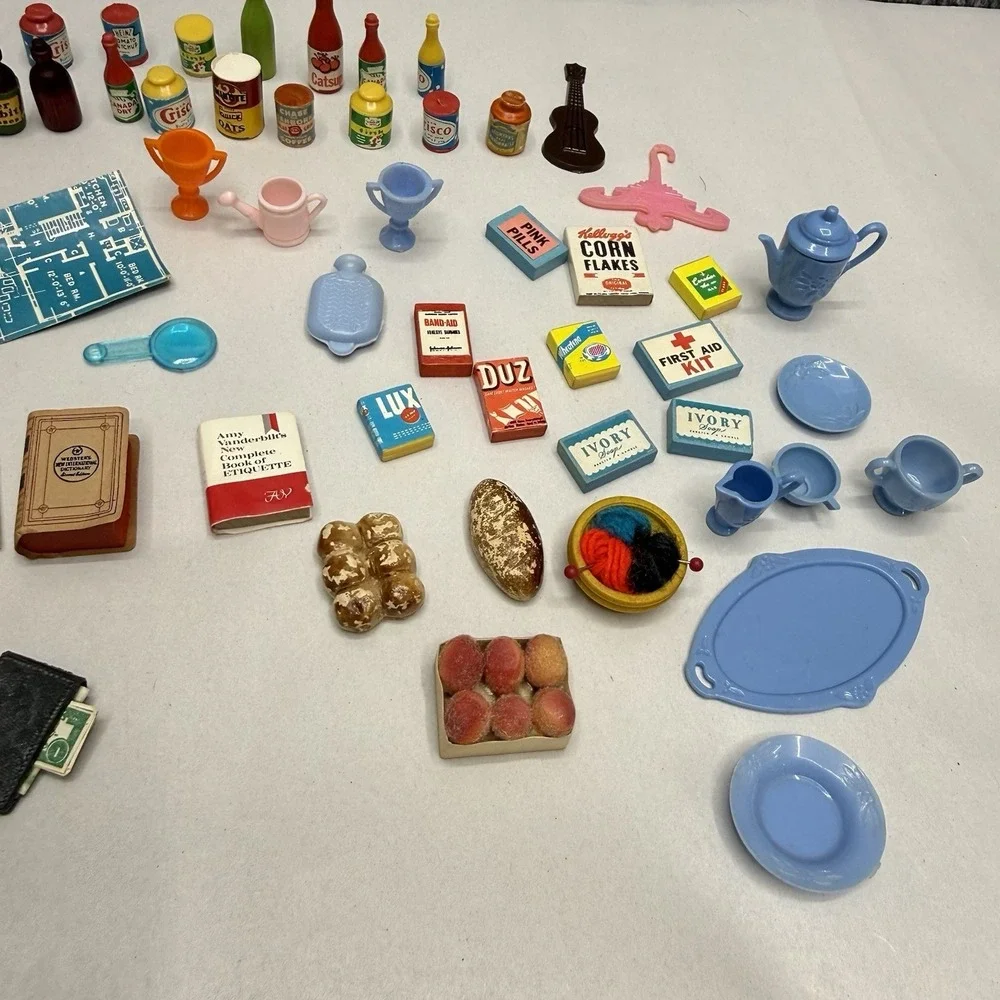 Vintage dollhouse lot miniature‎ kitchen food books his/her towels plates wallet